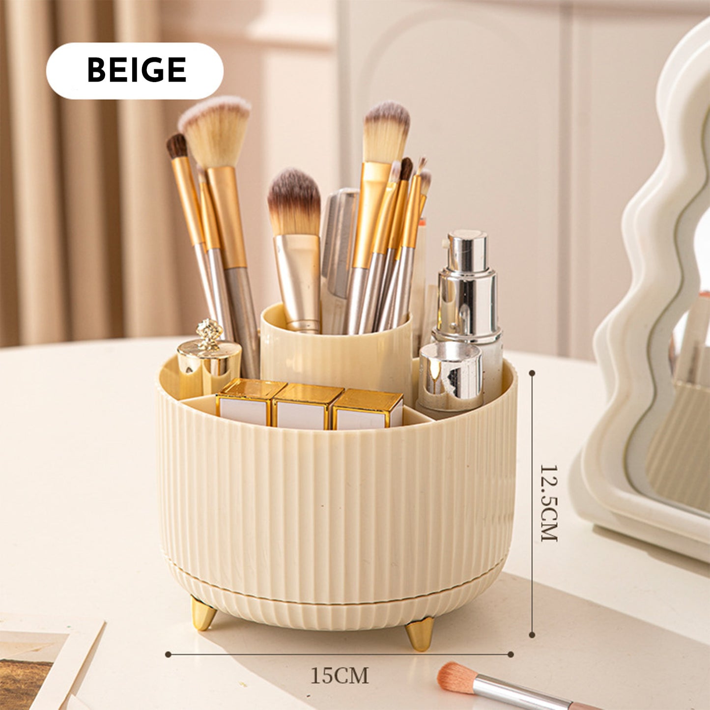 360° Rotating Makeup Brush Organizer — Elegant Countertop Storage for Cosmetics & Skincare