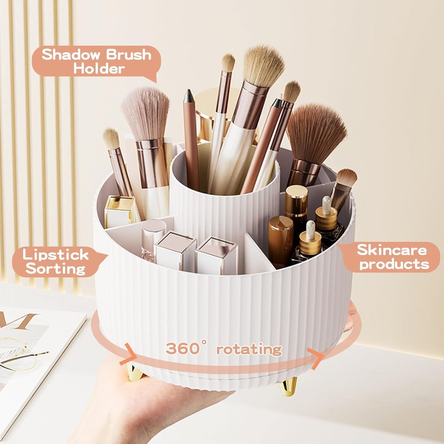 360° Rotating Makeup Brush Organizer — Elegant Countertop Storage for Cosmetics & Skincare