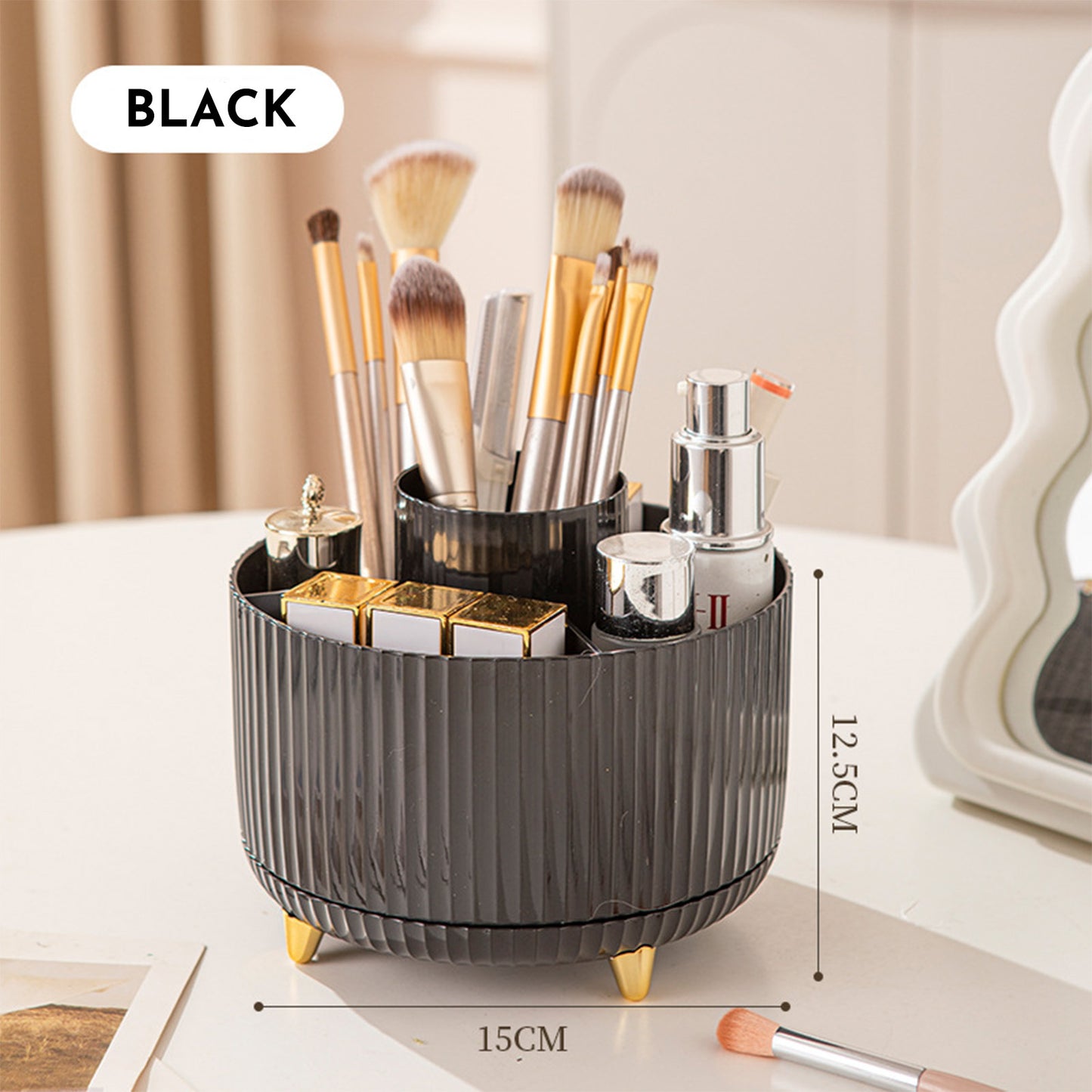 360° Rotating Makeup Brush Organizer — Elegant Countertop Storage for Cosmetics & Skincare