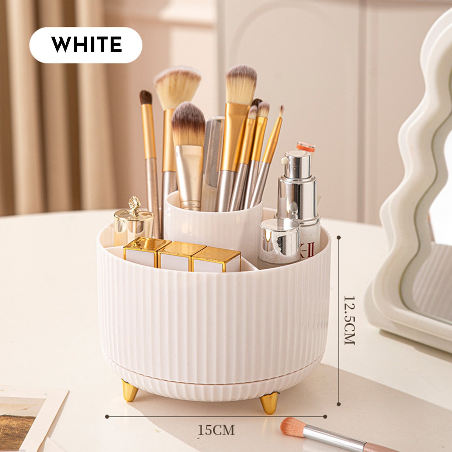 360° Rotating Makeup Brush Organizer — Elegant Countertop Storage for Cosmetics & Skincare