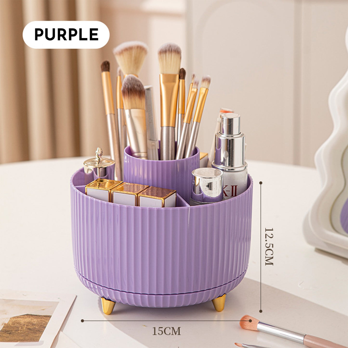 360° Rotating Makeup Brush Organizer — Elegant Countertop Storage for Cosmetics & Skincare