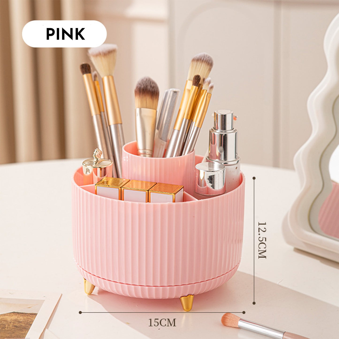 360° Rotating Makeup Brush Organizer — Elegant Countertop Storage for Cosmetics & Skincare